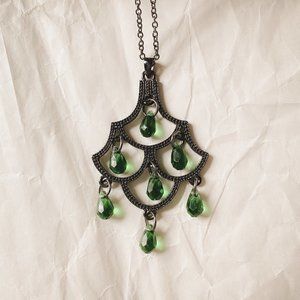 Avon Green Faux Emerald Jewel Chandelier Victorian Gothic Black Chain Necklace